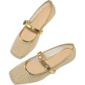 image:imageMakeMeChic Womens Lace Mesh Ballet Flats Shoes Square Closed Toe Shoes Breathable Summer FlatsGold
