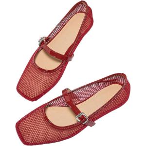 image:imageMakeMeChic Womens Lace Mesh Ballet Flats Shoes Square Closed Toe Shoes Breathable Summer FlatsRed