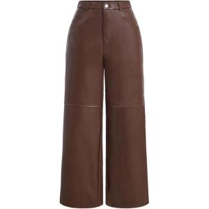 image:imageMakeMeChic Womens Leather Pants High Waist Wide Leg Pants Elastic Straight Party Trousers with PocketsBrown