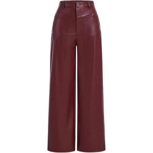 image:imageMakeMeChic Womens Leather Pants High Waist Wide Leg Pants Elastic Straight Party Trousers with PocketsBurgundy