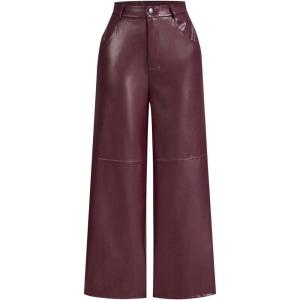 image:imageMakeMeChic Womens Leather Pants High Waist Wide Leg Pants Elastic Straight Party Trousers with PocketsBurgundy B