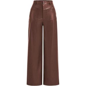 image:imageMakeMeChic Womens Leather Pants High Waist Wide Leg Pants Elastic Straight Party Trousers with PocketsChocolate Brown
