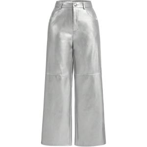 image:imageMakeMeChic Womens Leather Pants High Waist Wide Leg Pants Elastic Straight Party Trousers with PocketsSilver