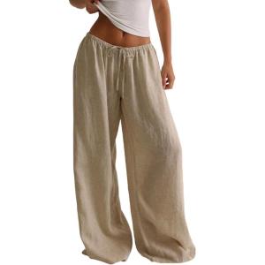 image:imageMakeMeChic Womens Linen Pants Summer Beach Wide Leg Low Rise Baggy Pants TrousersApricot
