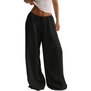 image:imageMakeMeChic Womens Linen Pants Summer Beach Wide Leg Low Rise Baggy Pants TrousersBlack