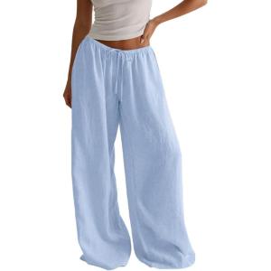 image:imageMakeMeChic Womens Linen Pants Summer Beach Wide Leg Low Rise Baggy Pants TrousersBlue