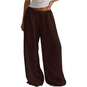 image:imageMakeMeChic Womens Linen Pants Summer Beach Wide Leg Low Rise Baggy Pants TrousersBrown