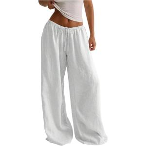 image:imageMakeMeChic Womens Linen Pants Summer Beach Wide Leg Low Rise Baggy Pants TrousersWhite