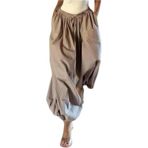 image:imageMakeMeChic Womens Plaid Baggy Wide Leg Pants Balloon Ruffle Harem Pants with PocketBrown Plaid