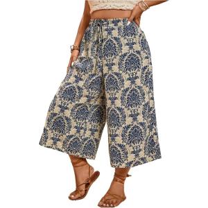 image:imageMakeMeChic Womens Plus Size Boho Pants Floral Wide Leg High Waist Elastic Palazzo Pant Summer VacationBlack