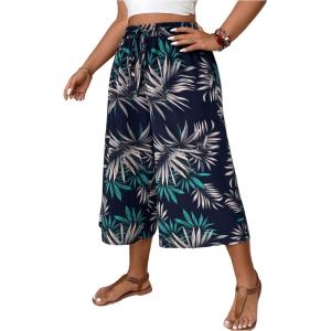 image:imageMakeMeChic Womens Plus Size Boho Pants Floral Wide Leg High Waist Elastic Palazzo Pant Summer VacationBlue