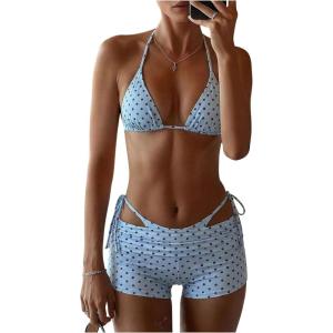 image:imageMakeMeChic Womens Polka Dots Triangle Bikini Sets Swim Shorts Y2K Leopard Striped Bathing Suit SwimsuitBlue Black Dots