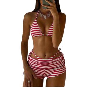 image:imageMakeMeChic Womens Polka Dots Triangle Bikini Sets Swim Shorts Y2K Leopard Striped Bathing Suit SwimsuitStriped Red White