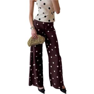 image:imageMakeMeChic Womens Polka Dots Wide Leg Pants Low Waist Causal Office Work Long TrousersBrown