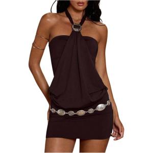 image:imageMakeMeChic Womens Ruffle Mini Dress Y2k Backless Sleeveless Western Going Out Halter DressesBrown Solid