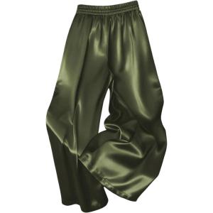 image:imageMakeMeChic Womens Satin Wide Leg Pants Drawstring Elastic Waist Silk Trousers Palazzo PantsArmy Green