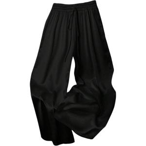 image:imageMakeMeChic Womens Satin Wide Leg Pants Drawstring Elastic Waist Silk Trousers Palazzo PantsBlack