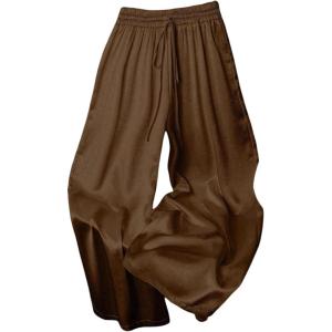 image:imageMakeMeChic Womens Satin Wide Leg Pants Drawstring Elastic Waist Silk Trousers Palazzo PantsCoffee Brown