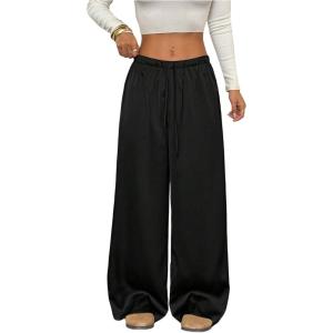 image:imageMakeMeChic Womens Satin Wide Leg Pants Silk Baggy Going Out Pants Drawstring Low Rise TrousersBlack