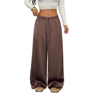 image:imageMakeMeChic Womens Satin Wide Leg Pants Silk Baggy Going Out Pants Drawstring Low Rise TrousersBrown