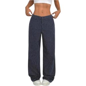 image:imageMakeMeChic Womens Striped Wide Leg Dressy Pants Low Waist Button Business TrousersBlue