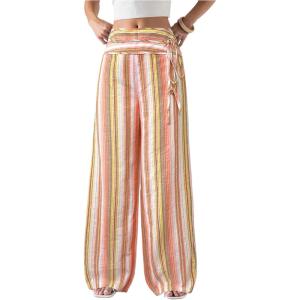 image:imageMakeMeChic Womens Striped Wide Leg Pants Tie Front Boho Travel Pants Fall TrousersOrange