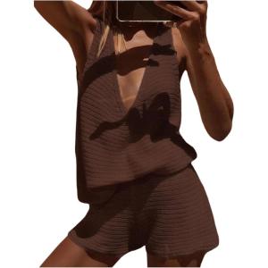 image:imageMakeMeChic Womens Summer 2 Piece Sets Deep V Neck Knit Tank Tops Mini Shorts Set Beach Vacation OutfitsCoffee Brown