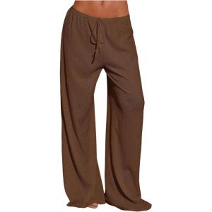 image:imageMakeMeChic Womens Summer Beach Wide Leg Pants Swimsuit Coverup Low Waist Knit Baggy Lounge PantsBrown