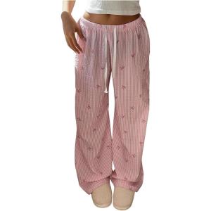 image:imageMakeMeChic Womens Summer Pants Elastic Waist Y2K Bow Striped Drawstring Straight Leg Lounge PantsPink