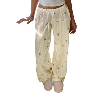 image:imageMakeMeChic Womens Summer Pants Elastic Waist Y2K Bow Striped Drawstring Straight Leg Lounge PantsYellow