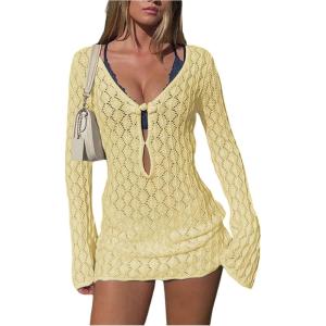 image:imageMakeMeChic Womens Swimsuit Coverup Crochet Mini Dress Bathing Suit Beach Cover UpYellow