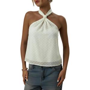 image:imageMakeMeChic Womens Tie Back Halter Tops Sheer Swiss Dots Knot Backless Sleeveless TankApricot
