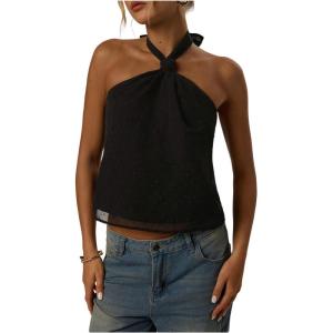 image:imageMakeMeChic Womens Tie Back Halter Tops Sheer Swiss Dots Knot Backless Sleeveless TankBlack