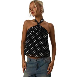 image:imageMakeMeChic Womens Tie Back Halter Tops Sheer Swiss Dots Knot Backless Sleeveless TankBlack and White
