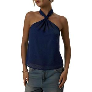 image:imageMakeMeChic Womens Tie Back Halter Tops Sheer Swiss Dots Knot Backless Sleeveless TankDark Blue