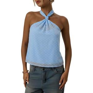 image:imageMakeMeChic Womens Tie Back Halter Tops Sheer Swiss Dots Knot Backless Sleeveless TankLight Blue