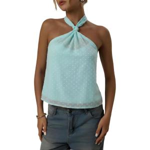 image:imageMakeMeChic Womens Tie Back Halter Tops Sheer Swiss Dots Knot Backless Sleeveless TankLight Green