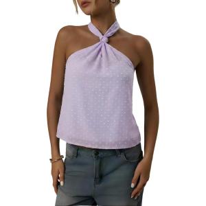 image:imageMakeMeChic Womens Tie Back Halter Tops Sheer Swiss Dots Knot Backless Sleeveless TankMauve Purple