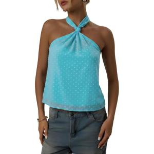 image:imageMakeMeChic Womens Tie Back Halter Tops Sheer Swiss Dots Knot Backless Sleeveless TankMint Blue