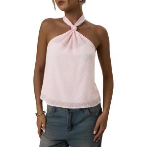 image:imageMakeMeChic Womens Tie Back Halter Tops Sheer Swiss Dots Knot Backless Sleeveless TankPink