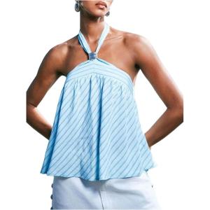 image:imageMakeMeChic Womens Tie Back Halter Tops Sheer Swiss Dots Knot Backless Sleeveless TankStriped Blue