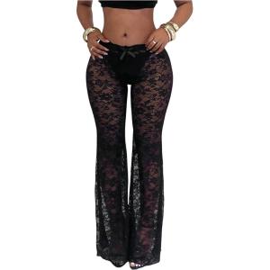 image:imageMakeMeChic Womens Valentines Day Outfit Black Lace Pants Bow Sheer Low Waisted Bell Bottom PantsBlack