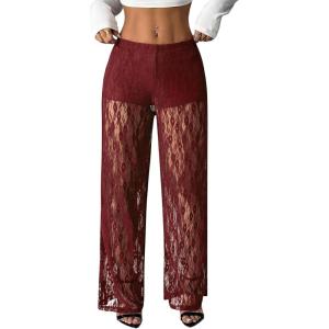 image:imageMakeMeChic Womens Y2K Lace Pants Wide Leg Sheer Mesh Low Rise Trousers PantsBurgundy