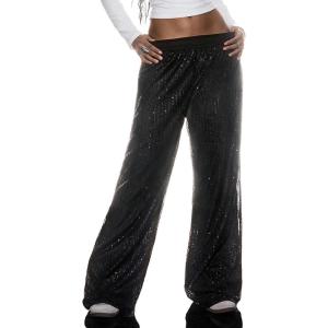 image:imageMakeMeChic Womens Y2K Party Glitter Sequin Pants Low Waisted Sparkly Straight Leg TrousersBlack