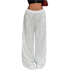 image:imageMakeMeChic Womens Y2K Party Glitter Sequin Pants Low Waisted Sparkly Straight Leg TrousersSilver