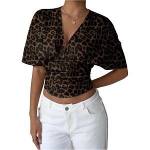 image:imageMakeMeChic Womens Y2k Crop Tops Deep V Neck Dolman Sleeve Tops Cute Summer T Shirt Going Out TopsBrown Cheetah