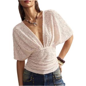 image:imageMakeMeChic Womens Y2k Crop Tops Deep V Neck Dolman Sleeve Tops Cute Summer T Shirt Going Out TopsLace Light Pink