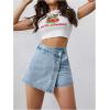 image:imageMakeMeChic Womens Casual High Waisted Button Front Denim Skort Asymmetrical Hem Jean Skirt ShortsLight Wash B