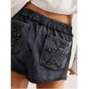 image:imageMakeMeChic Womens Casual High Waisted Linen Shorts with Rivet Star Decor Wide Leg Cute Ruffle Shorts Pockets Vacation OutfitBlack