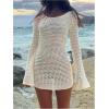 image:imageMakeMeChic Womens Crochet Cover Up Dress Hollow Out Cutout Back Bell Sleeve Beach DressesBeige